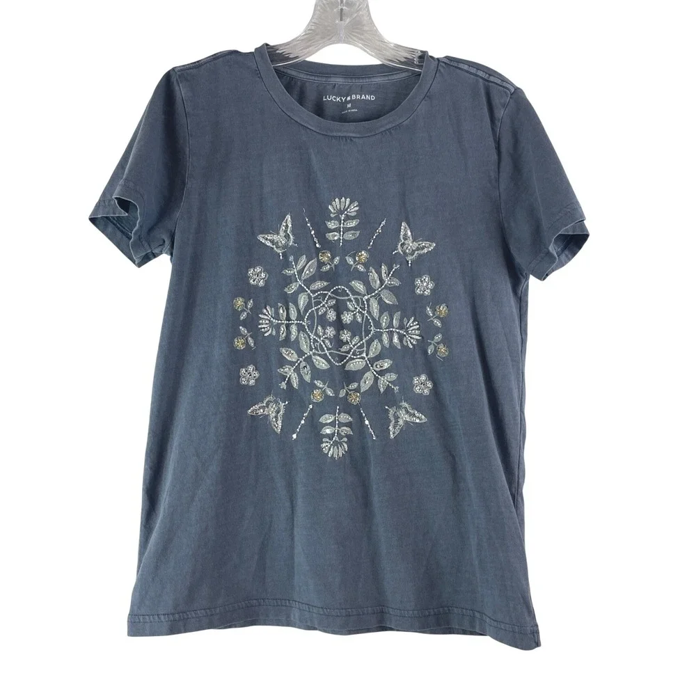 Lucky Brand T-Shirt Women M Blue Embroidered Butterfly Floral Boho Mandala Tee - Picture 1 of 7